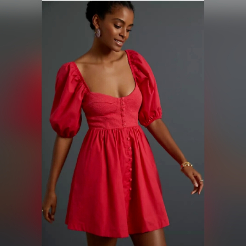 Anthropologie Maeve Puff-Sleeve Sweetheart Mini Dress